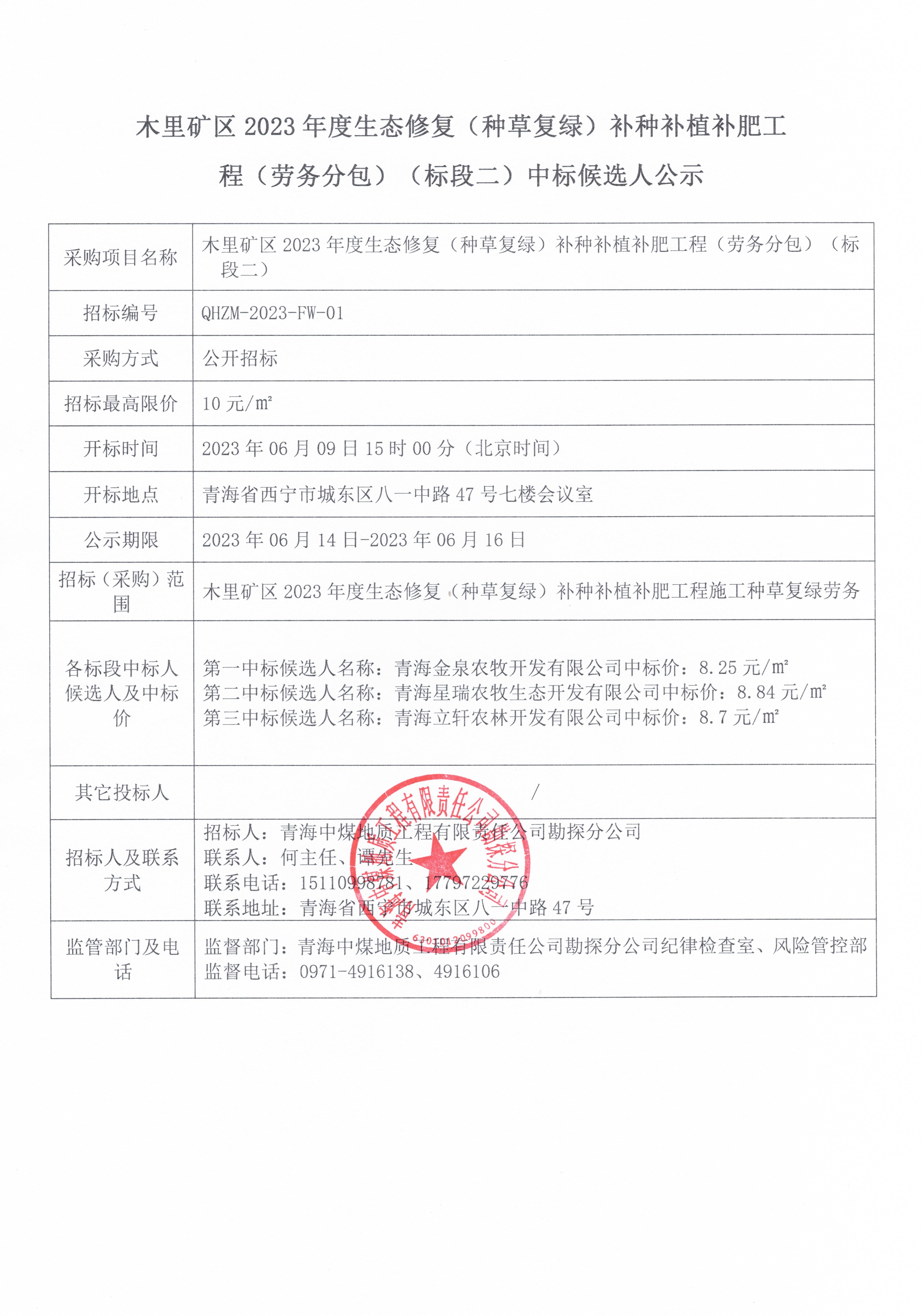 木里矿区 2023 年度生态修复 (种草复绿) 补种补植补肥工程(劳务分包)(标段二) 中标候选人公示.jpg