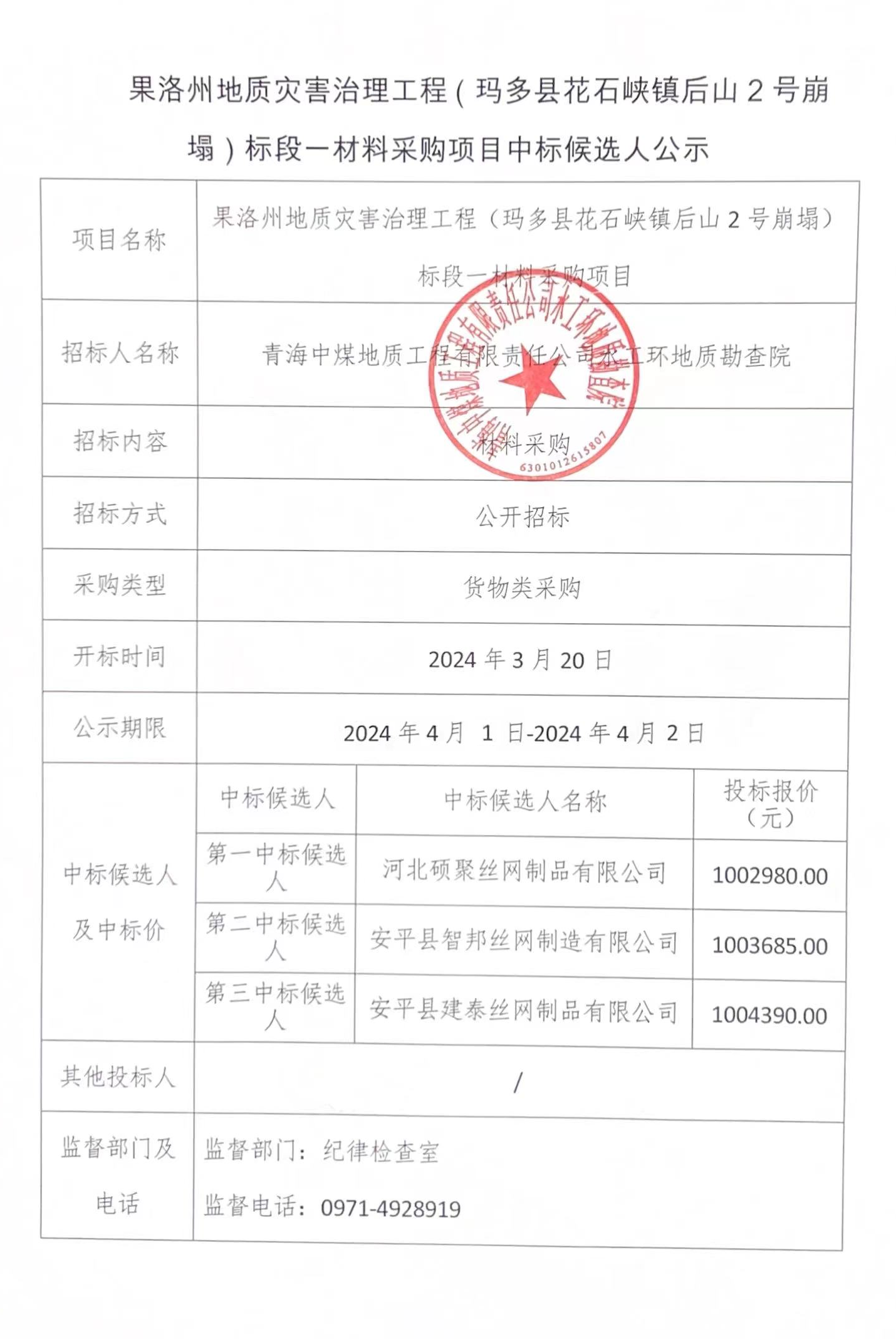 果洛州地质灾害治理工程(玛多县花石峡镇后山2号崩塌)标段一材料采购项目中标候选人公示.png