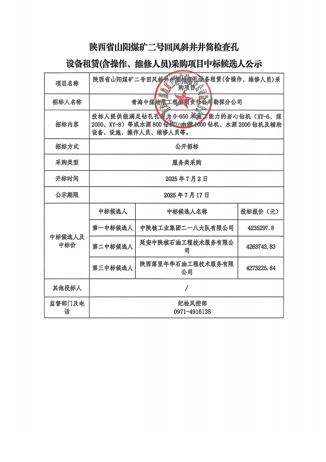 陕西省山阳煤矿一号回风斜井井简检查孔设备租赁(含操作、维修人员)采购项目中标候选人公示.jpg
